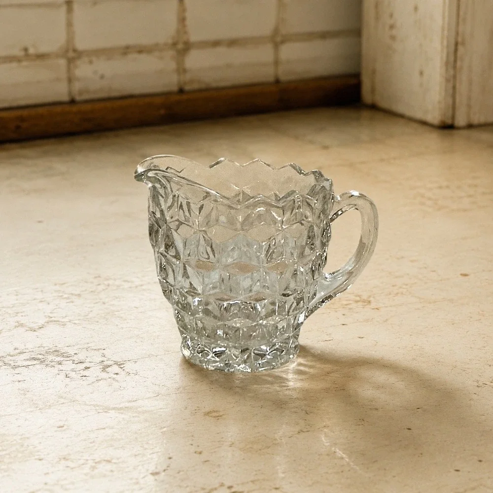 Vintage Clear Pressed Glass Diamond Point Creamer Pitcher 4x4x2.5